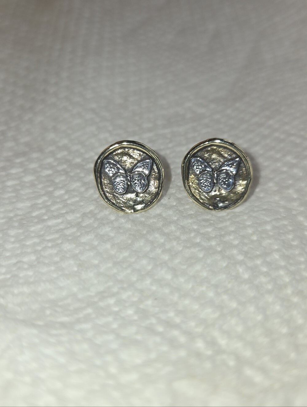 Waxing Poetic Vintage Brass and Silver Butterfly Stud Earrings - Women Jewelry